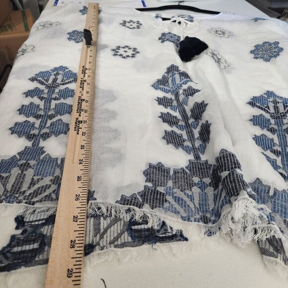 J Jill Poncho Top One Size Floral Embroidered Tassel Tie Neckline White Blue - Picture 7 of 12